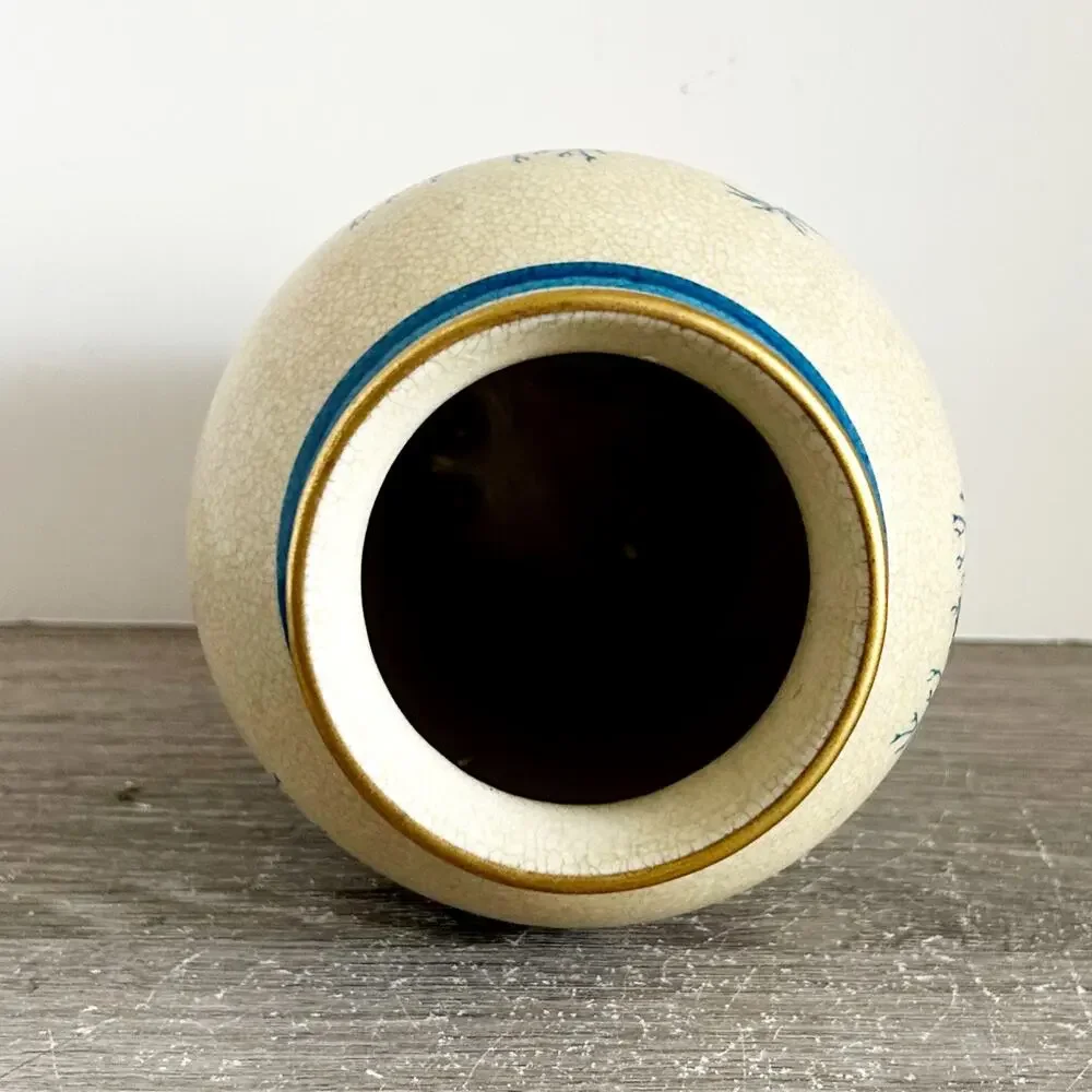 VNTG Japanese Blue/Gold Crackle Finish Porcelain Vase w/ Peacock & Sakura Design